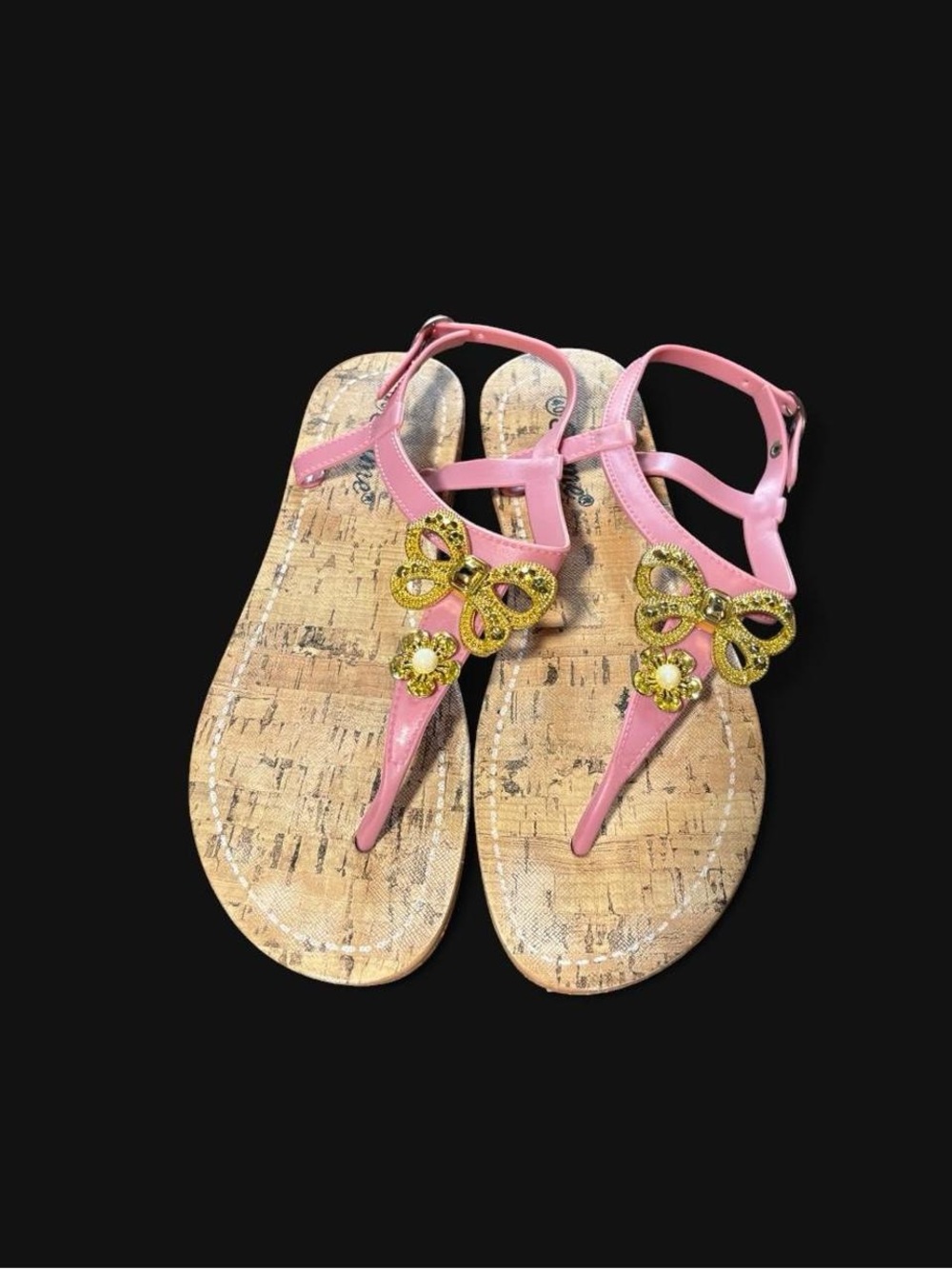 Aime pink cork sandals with gold bow